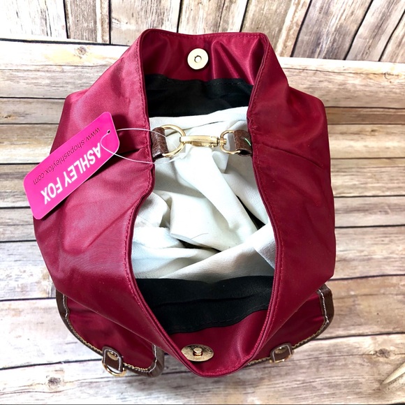 New Ashley Fox burgundy red w/brown trim multi-pocket backpack NWT - Picture 5 of 8